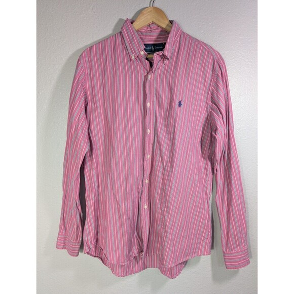 Polo Ralph Lauren Pink Black Stripe Purple Pony Custom Fit L Business Casual 121 - Picture 1 of 10
